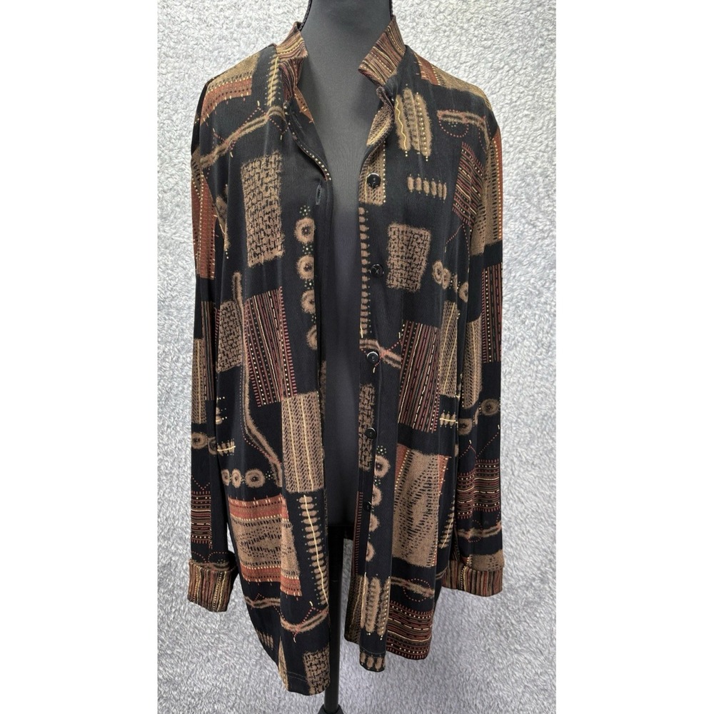 VTG Coldwater Creek Womens XL Brown Silky Patchwork Aztec Jacket Blazer Made USA